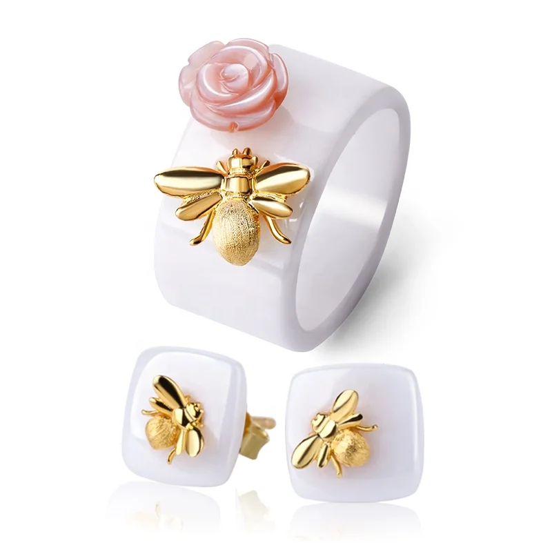 Lotus Fun Cute Bee Kiss from a Rose ring Stud Earring china wholesale 925 silver Ceramic jewelry set For Women