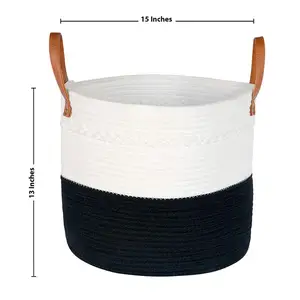 Image of 100% Natural Decorative Cotton Rope Woven Storage Basket Organizer with Leather Handles