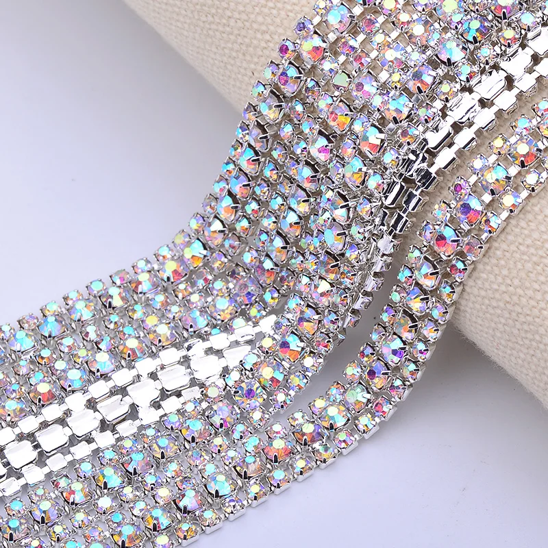 

1 Yard SS8+SS16+SS8 Crystal AB Glass Rhinestone Chain Trim Silver Applique Crystal Ribbon Strass Banding for Clothes, Clear/crystal ab glass rhinestone