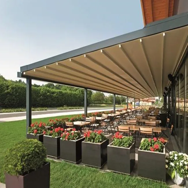 

Motorized Sun Shading PVC Retractable Folding cafe pergola, White or grey or custom make