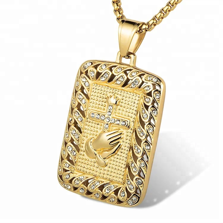 

Stainless Steel Large Mens Gold Jesus Prayer Hand Set Pendant Hip Hop Charms Necklace