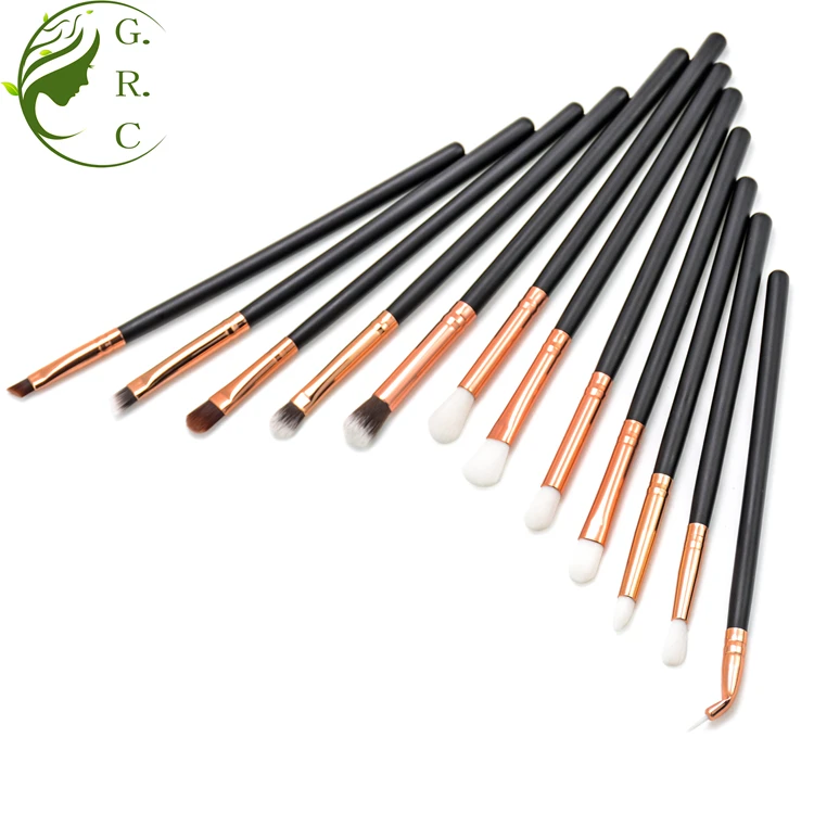 

Custom Cute High Quality Black Wood Handle Vegan Travel Portable 12Pcs Rose Gold Eyeshadow Eye Make Up Brush Set Cosmetic Kit