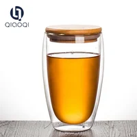 

double wall glass coffee cup with bamboo lid