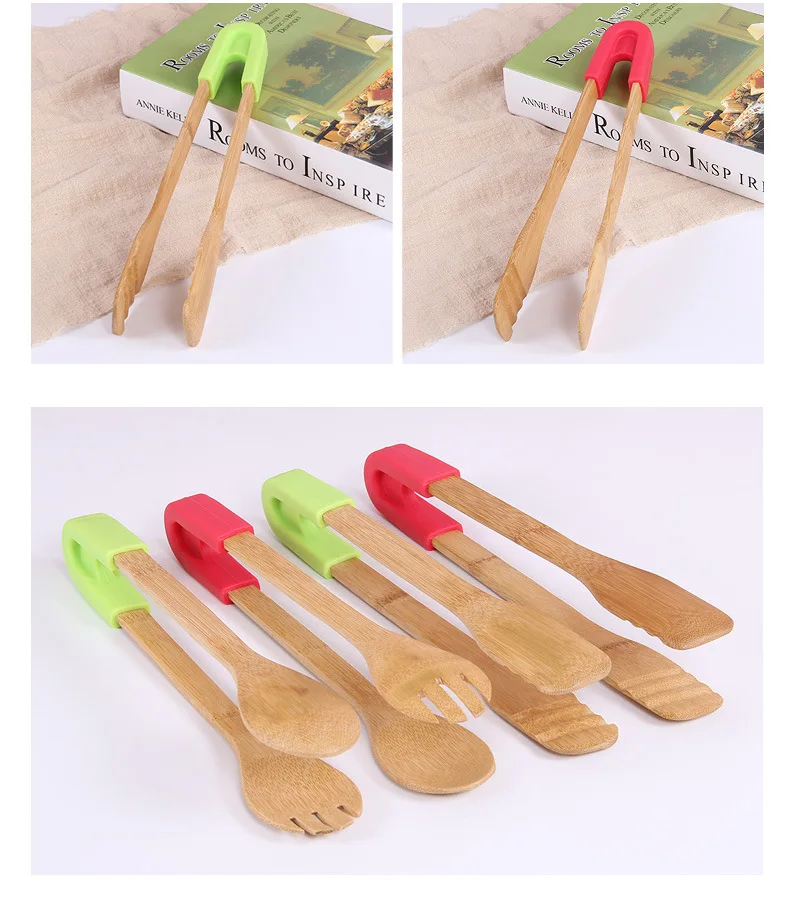 Kitchen Gadget Multi Function detachable Shovel spoon, Pure Natural Bamboo Food Clamp ,Bread tongs Salad Clips