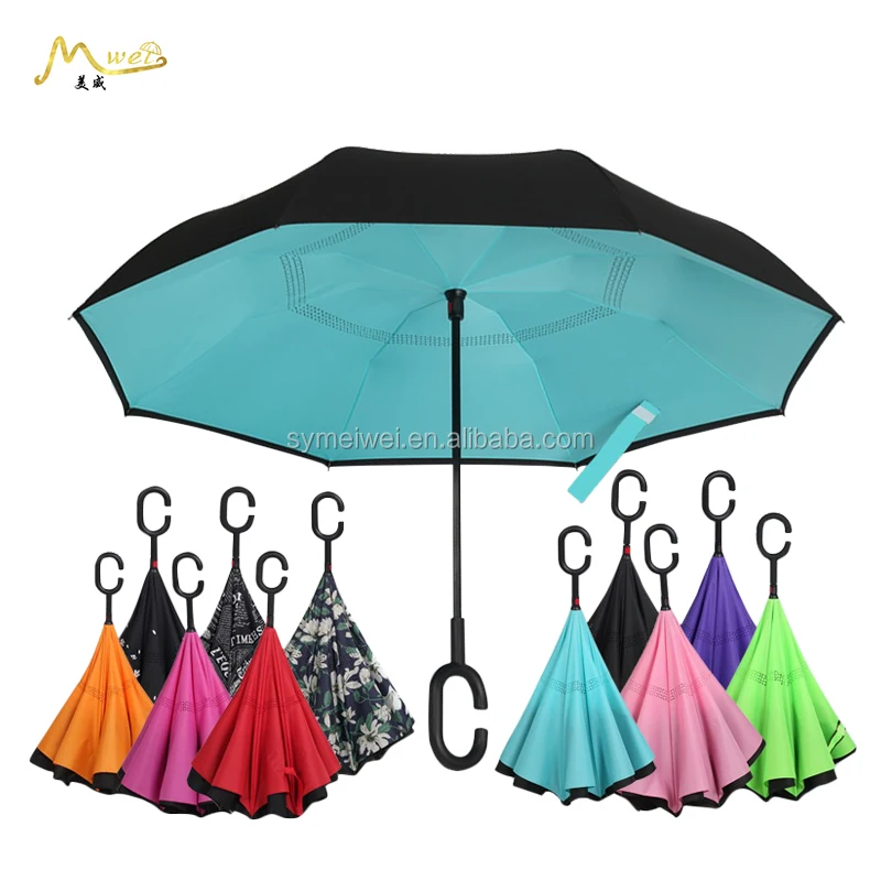 

2021 new style wholesale high quality special design self stand upside down double layer C handle hook inverted reverse umbrella, As client