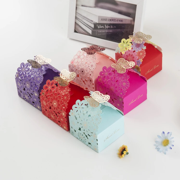 

Embossing delicate laser cut butterfly flower paper wedding gift box