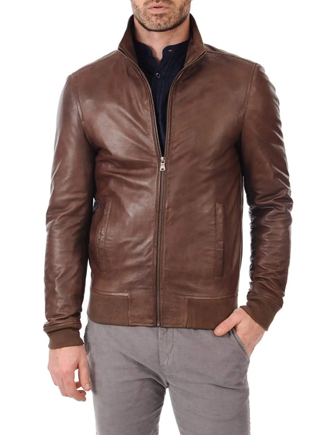 LEATHER FARM Men's Lambskin Leather Bomber Motercycle Jacket