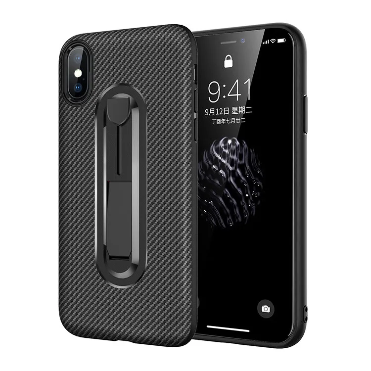 

Carbon Fiber Bracket Shockproof Armor Phone Cover Case for iPhone XS X, Black;blue;red;brown