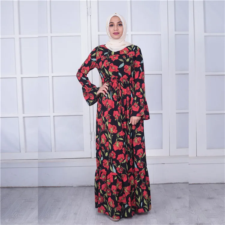 

2018 fashion flower arabic kaftan women dress muslim wear, Red