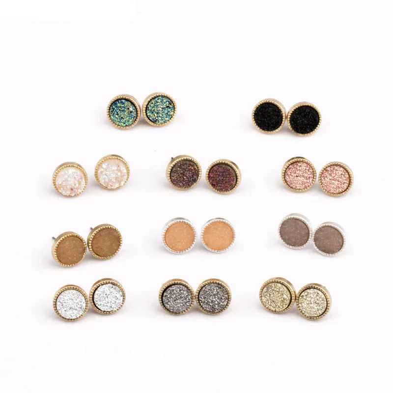 

Fashion Women Natural Agate Druzy Stone Stud Earrings Crystal Resin Round Stud Earrings, Picture