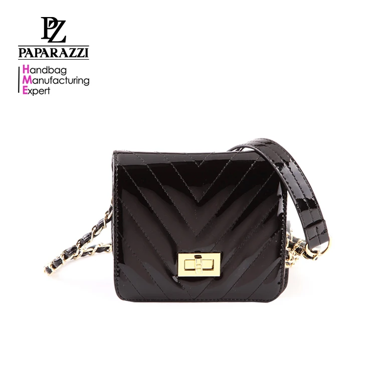 

4235 Paparazzi since 1992 Oem handbag factory in china fashion woman messenger bag long chain patent pu leather crossbody, Black color , various color available