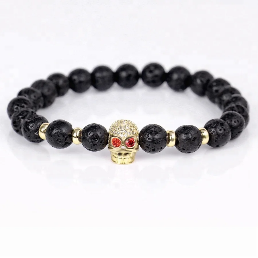 

High Quality Natural Lava Stone CZ Bead Bracelet Charm Punk Braided Skull Bracelet Trendy Stretch Adjustable Bangle Jewelry Gift, Gold/rose gold/silver/black