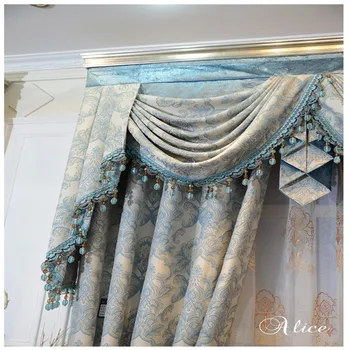 Beaded Valance Design Blue White Color Heavy Fabric Curtains