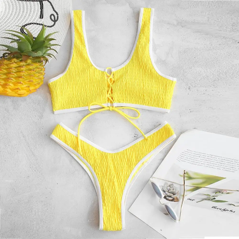 

Yellow front lace up smocked bikini set, Picture