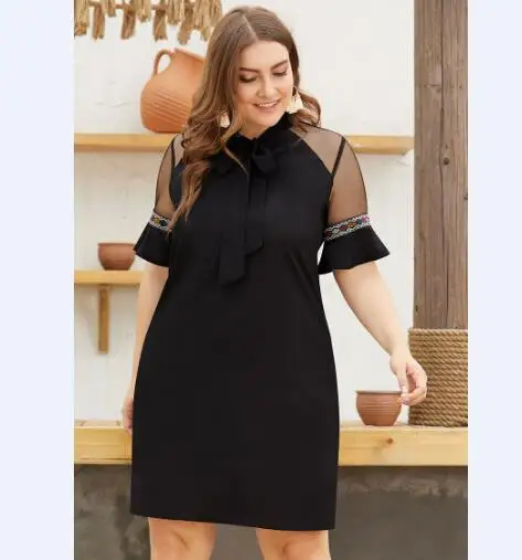 

F20296A Plus size women clothingNew mesh ribbon stitching short sleeve women's short skirt foe women, As picture