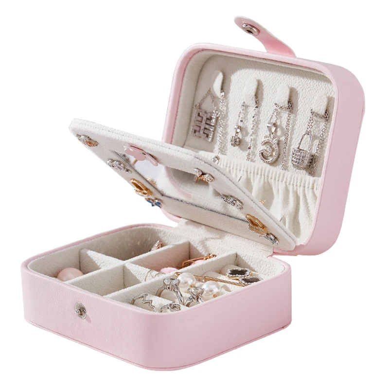

2020 Wholesale Custom Small Portable Jewelry Case PU Leather Travel Jewelry Box Organizer Earring Ring Necklace Jewellery Box, Pink ,sky blue, nude pink