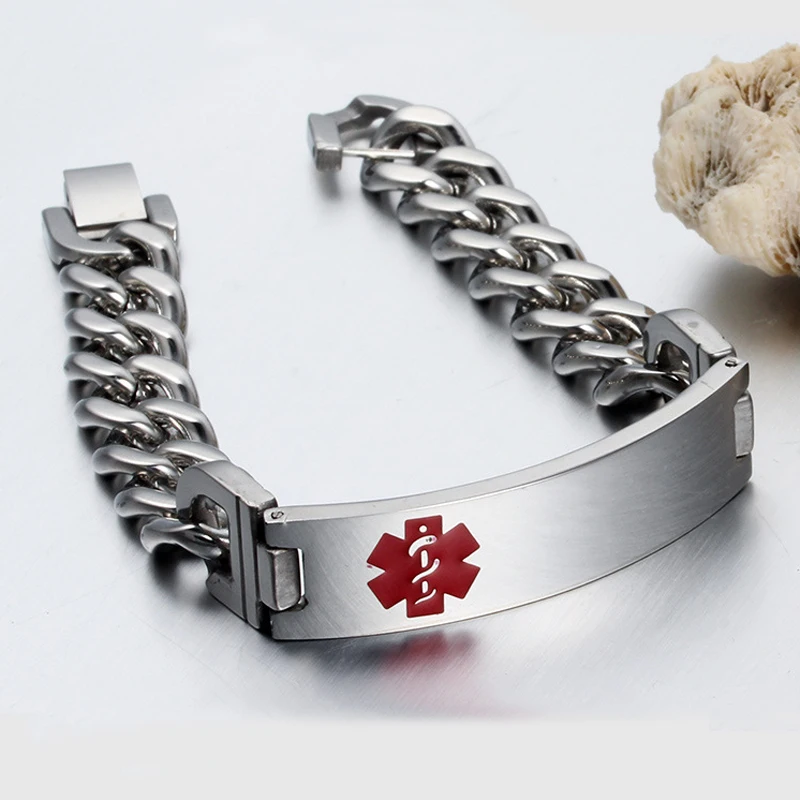 Wholesale High Quality Silver Stainless Steel Link Chain Bracelet Medical Alert Logo Bangle 5554