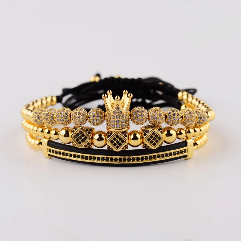 

Best Selling New Design 3Pcs/Set Luxury Hand Jewelry Copper Bead Micro Pave CZ King Crown Braided Macrame Bracelet Pulseras, Gold, silver, black, rose gold