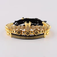 

Best Selling New Design 3Pcs/Set Luxury Hand Jewelry Copper Bead Micro Pave CZ King Crown Braided Macrame Bracelet Pulseras