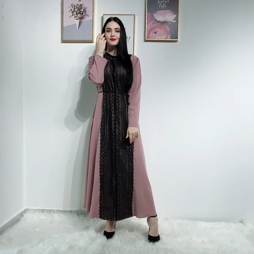 

2019 new design women wear soft crepe with lace muslim maxi dress islamic clothing, Pink with black