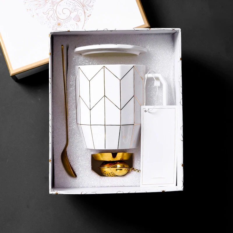 

Gift Box geometric coffee mug ceramic tea mug with infuser, White