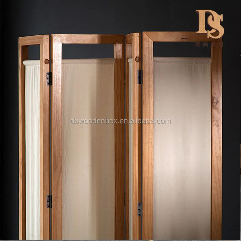 
4 Panel Folding Room Divider With Canvas Inlay Wooden Screen 