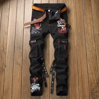 

R55502 Wholesale Personality Printing BIker men's Jeans pants crush jeans with Zippers