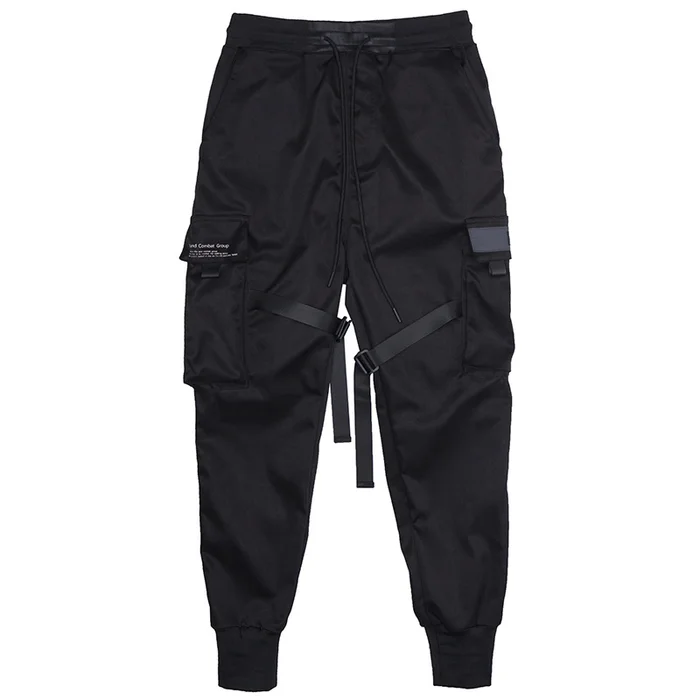 

men's hip-hop fashion zipper Leggings youth paratroopers overalls leisure multi-pocket Drawstring Pants tightness trousers, Black