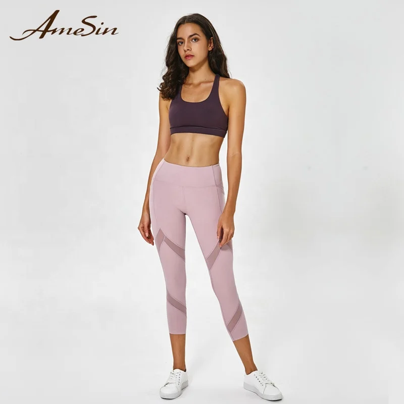 

AmeSin FQL39 3/4 Super Soft Sexy Mesh Women Gym Leggings Yoga Pants Pink, Black;dark purple;pink;blue