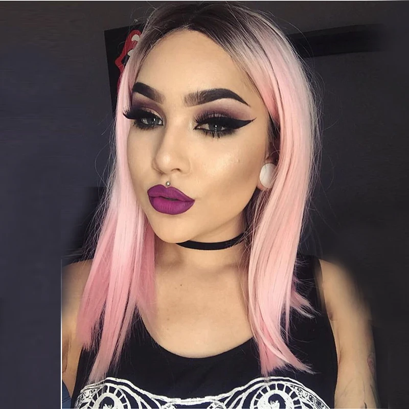 V Nice Pastel Pink Ombre Synthetic Lace Front Wigs Silky Straight Heat Resistant FiberS Bob Short