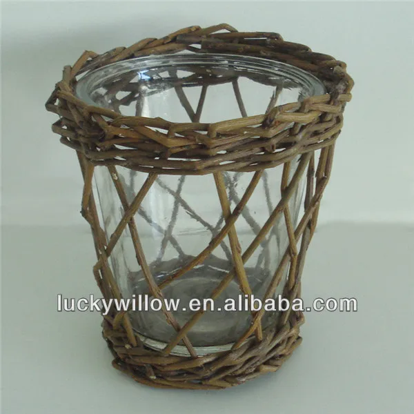 Wholesale Small Round Wicker Basket With Glass Bottle Candle Holder