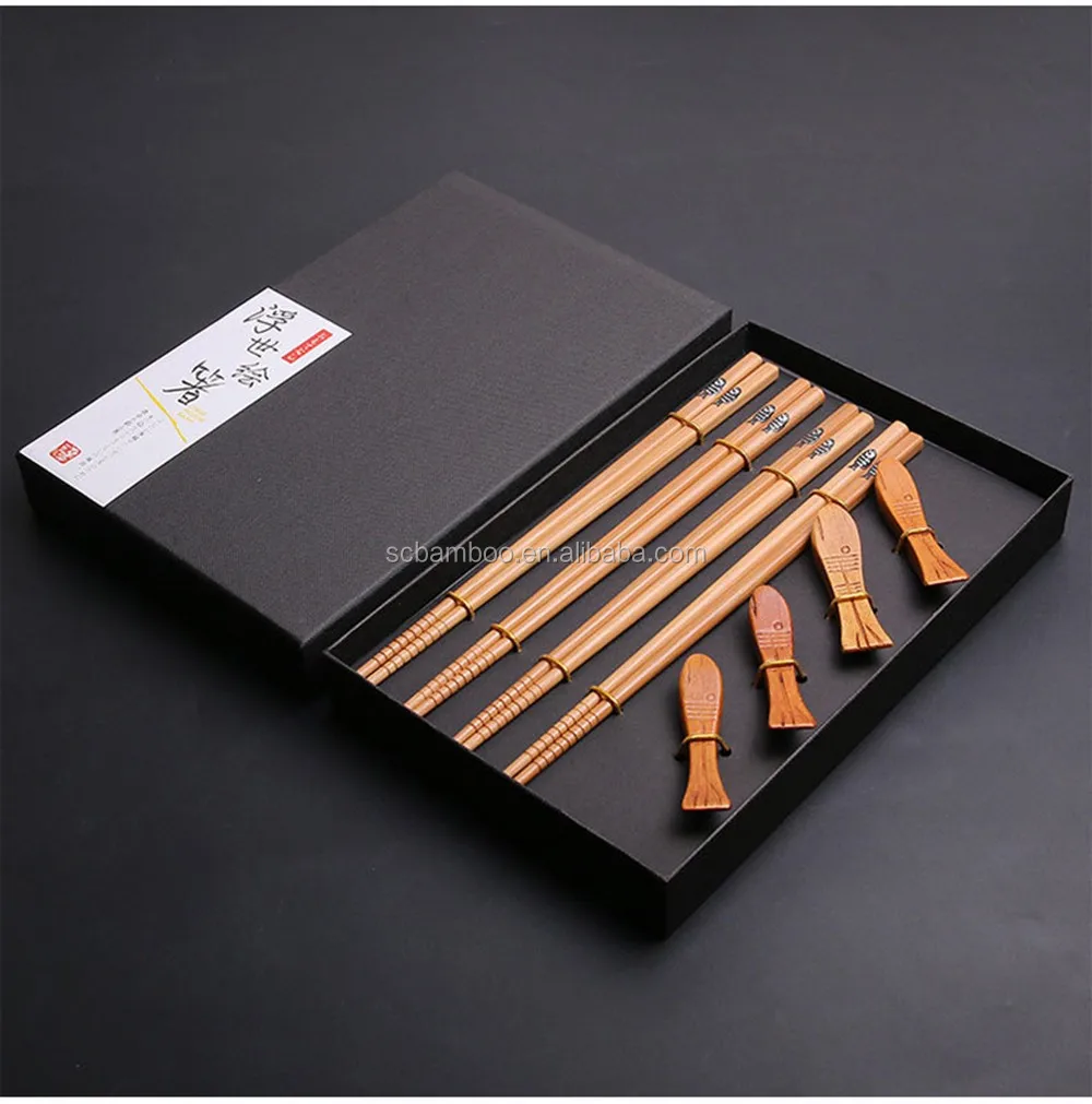 Reusable Bamboo Chopsticks And Chop Sticks Holder Rest Gift Set