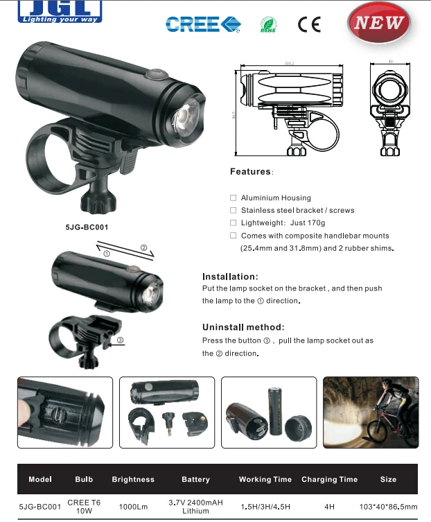 bicycle accessories 10W 1000Lm LED lithium battery rechargeable bike front lighting BC001