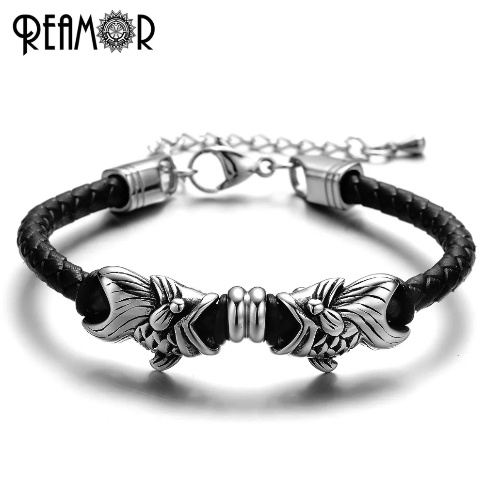 

REAMOR 316l Stainless steel Gold-fish Braided Leather Men Bracelet Adjustable Charm Bracelet with Extended Chain Women's Jewelry