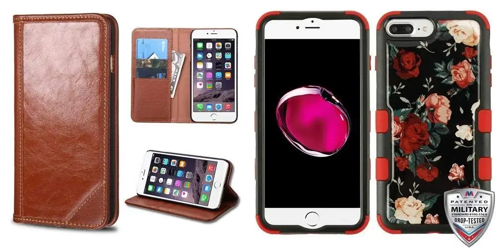 Combo pack Brown Genuine Leather MyJacket Wallet(PR002) (with Package) for APPLE iPhone 6s Plus/6 Plus And Red and White Roses (Natural Black)/Red TUFF Krystal Gel Hybrid Protector Cover [Military-Gra