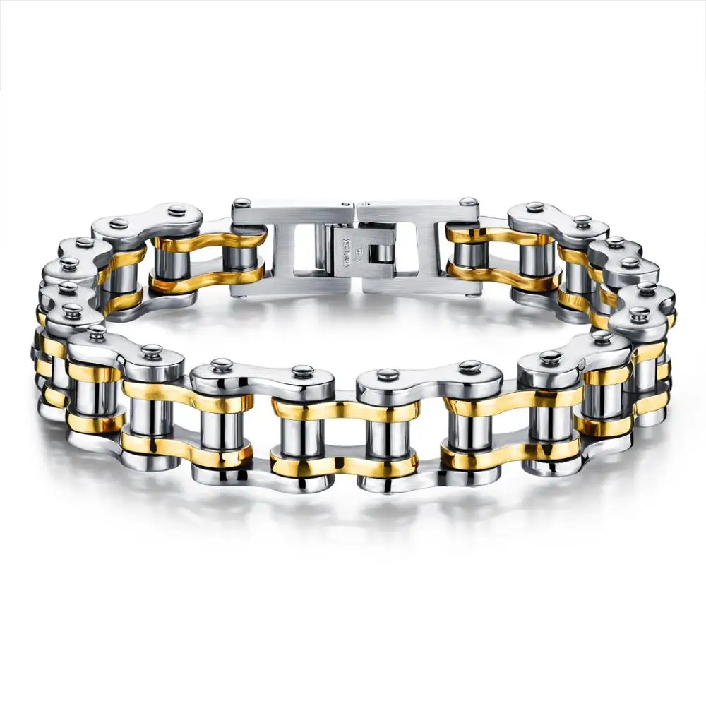 

Two Tones Silver Gold Colors Men's Bike Chain Bracelet Stainless Steel Bracelet Motorcycle