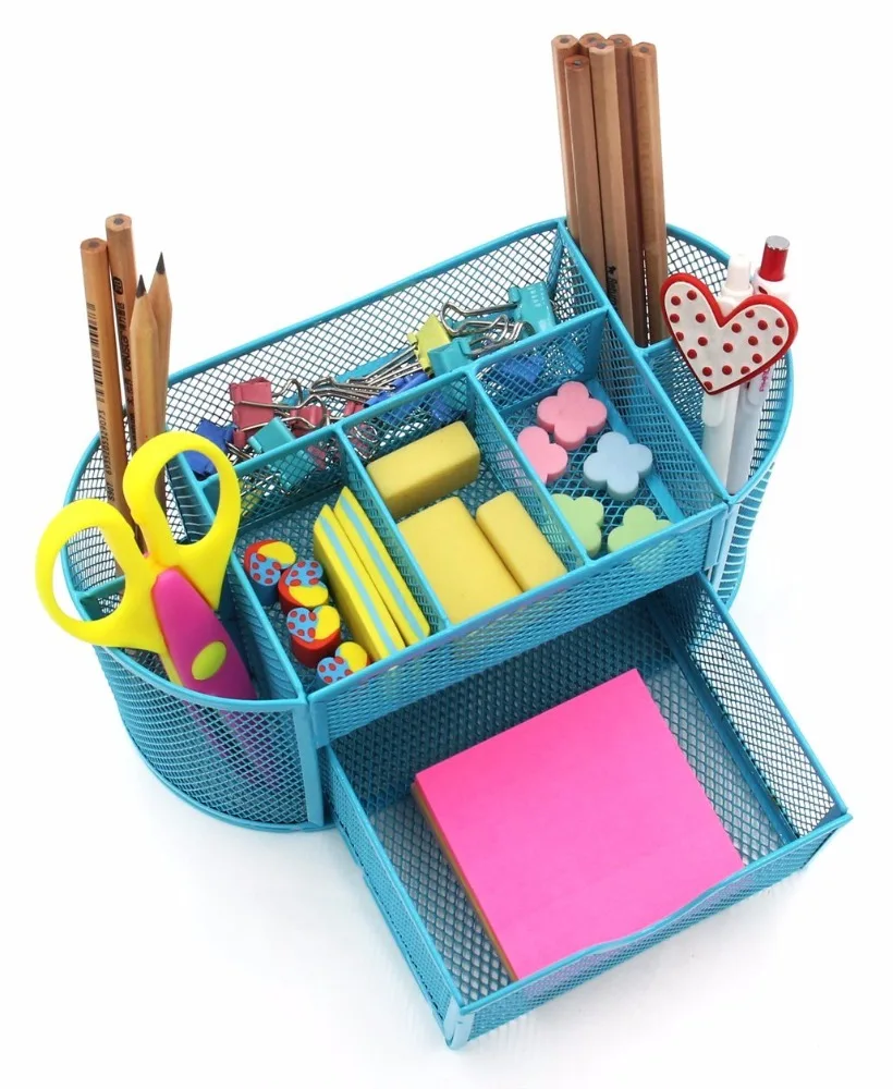 
Space Saving Black 8 Compartment Office School Supply Desktop Metal Wire Mesh Organizer with Drawer 