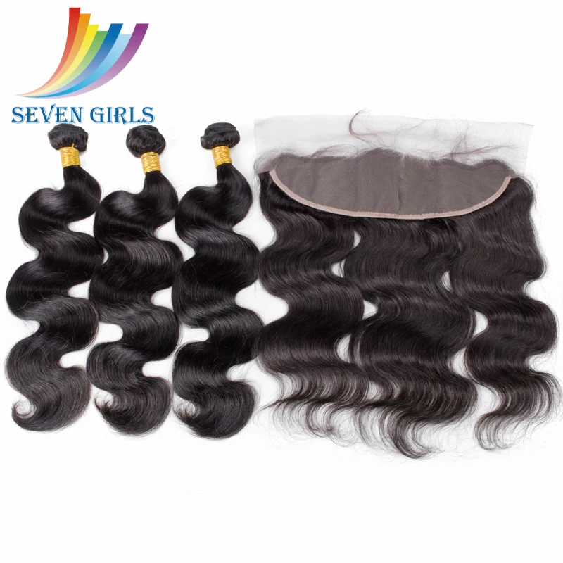 

Natural color Body wave raw Brazilian human virgin hair three pieces hair bundles with one piece of lace frontal, Natural black