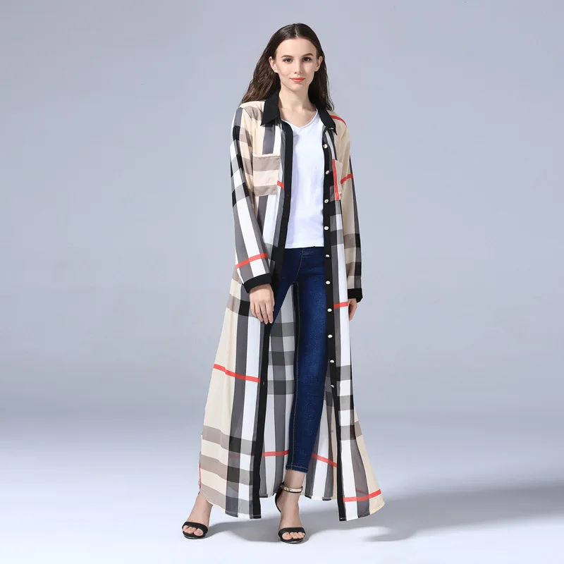 

Long sleeves Islamic Muslim elegant printed checks pattern abaya maxi Ladies dress, Beige