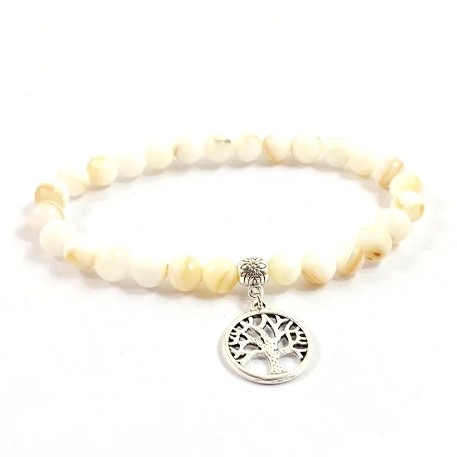 

Gemstone 6mm Mother of pearl bracelet with Tree of life charm packaged in cellophane bag hot item