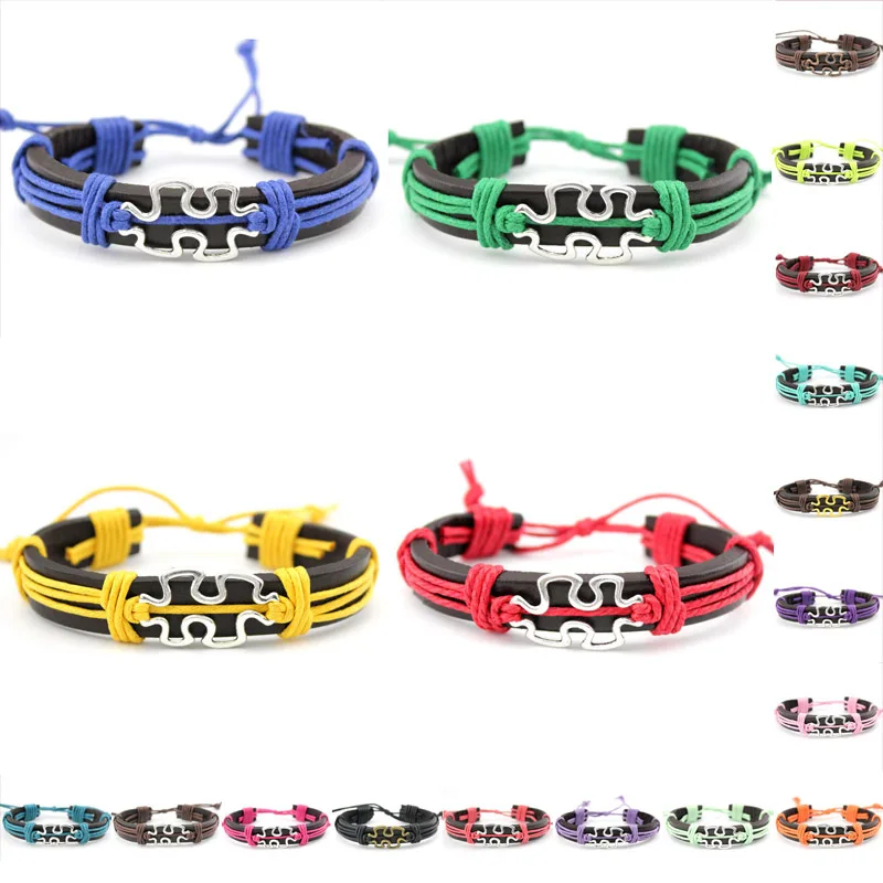 

New Autism Awareness Support Speaks Jigsaw Puzzle Pieces Charm Adjustable String Genuine Leather Bracelets, Silver plated