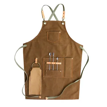 

Custom logo restaurant barista milk tea cake barber shop fashion cotton canvas work apron with adjustable strap, Grey;khaki;customized color