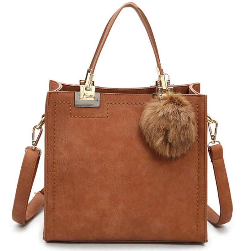 

Ladies Solid Color with Fur Pompom Crossbody Shoulder Bags for Women 2019 Tote Bag, Black brown purple gray