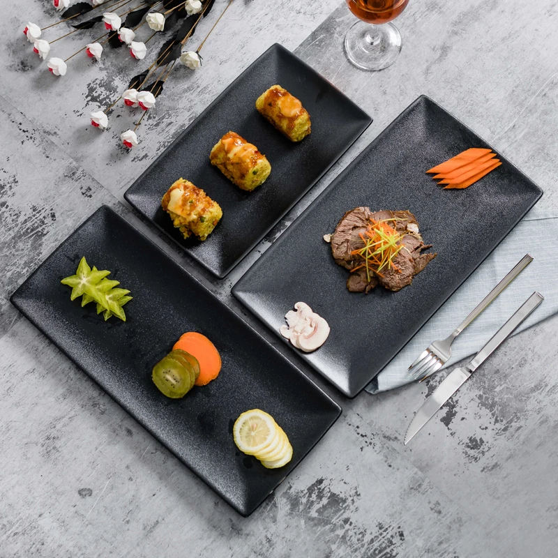 

Matte Rectangle Sushi plate Ceramic for BBQ Restaurant, Black