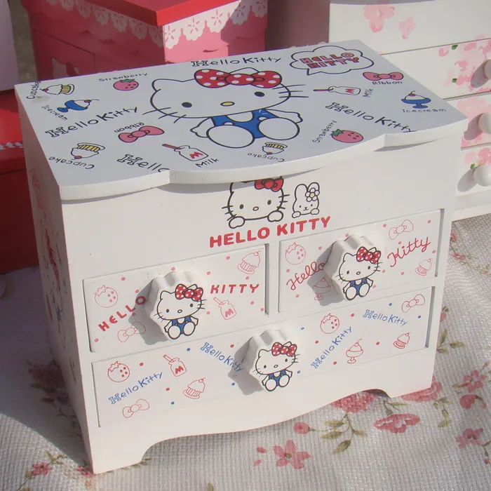 Warna putih  hello  kitty  penyimpanan kayu kotak perhiasan 