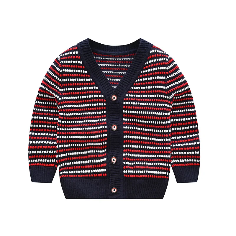 

Chinese supplier wholesale high quality toddler little boy sweater intarsia cotton cardigan, Black, red and white intarsia