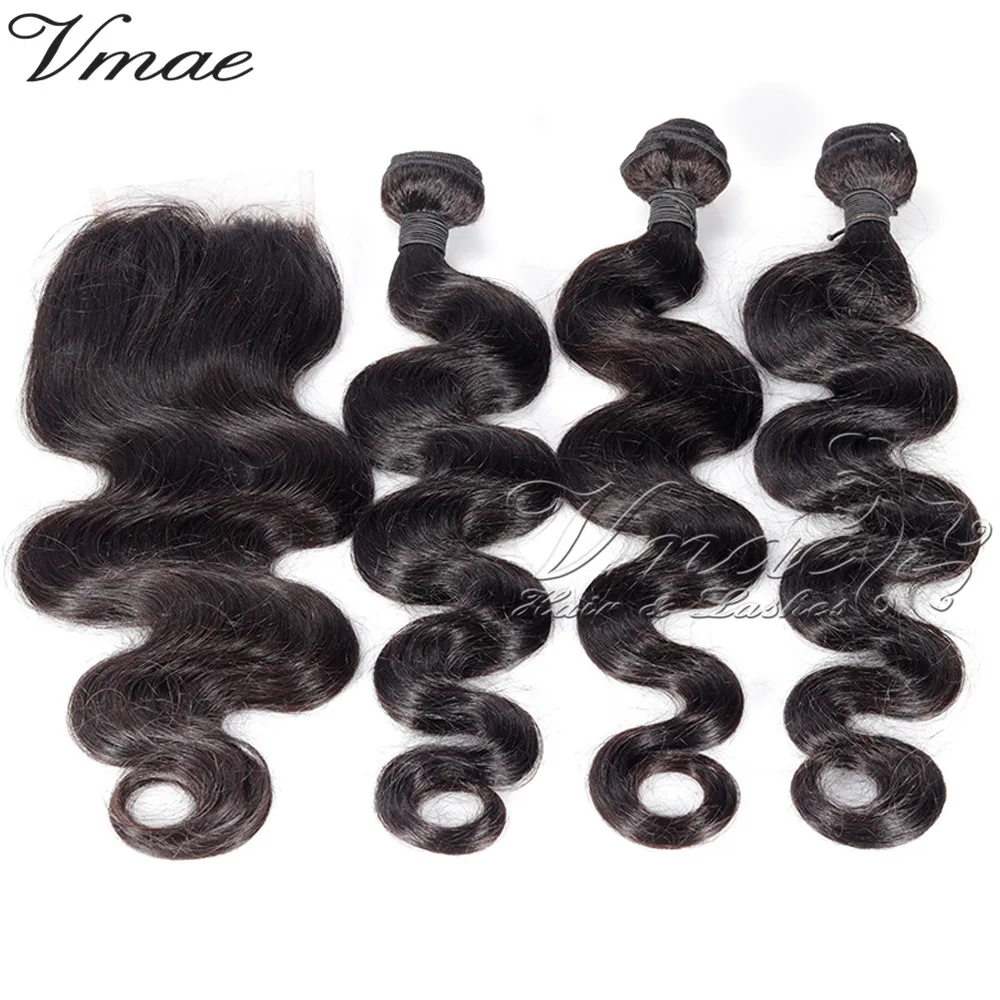 

VMAE Brazilian Soft Natural Black 4x4 Lace Closure With Body Wave Bundles Cuticle Aligned Original Virgin Human Hair Extensions
