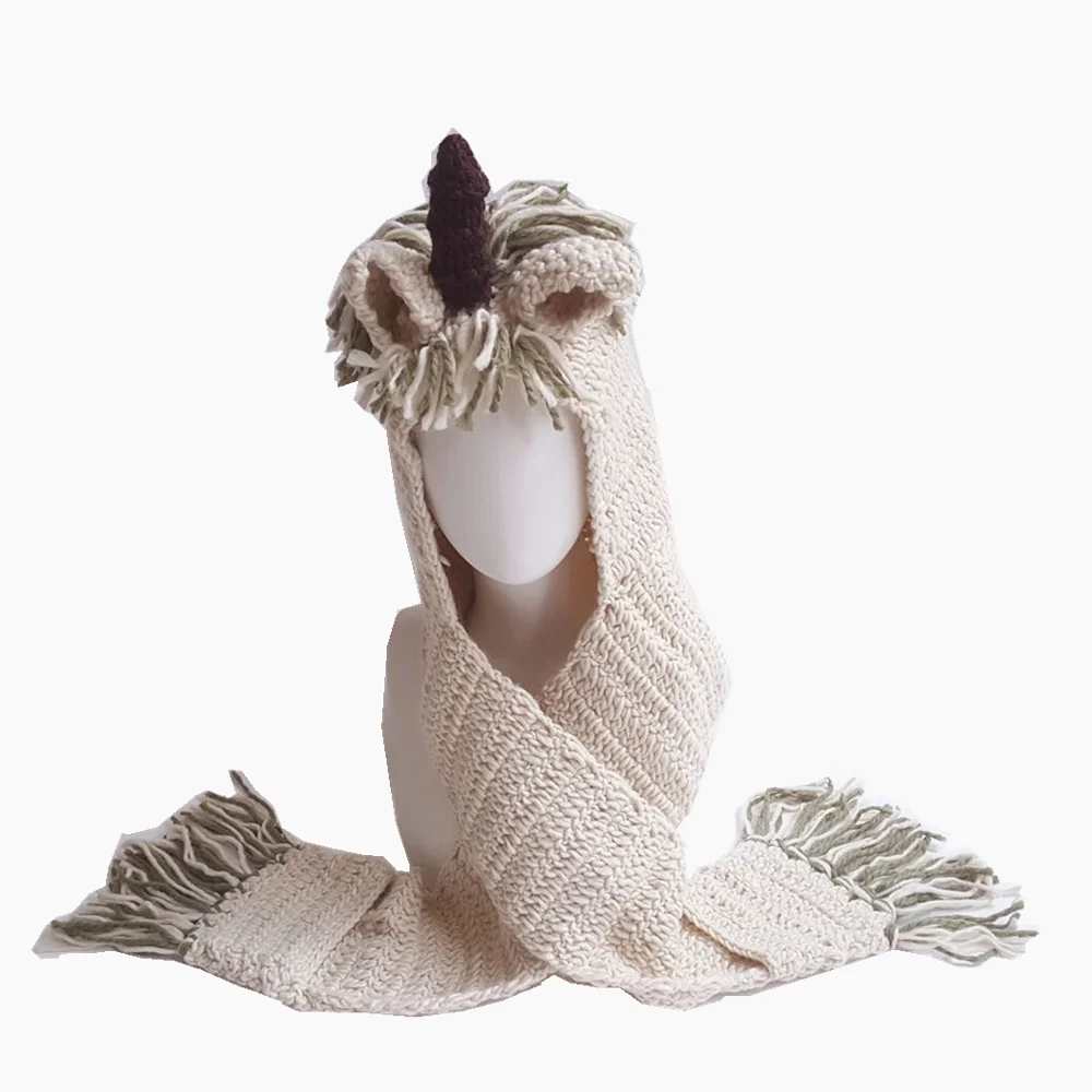 
2018 Cartoon Cute Unicorn Scarf Shawl Tassel Hats Acrylic Kids Knitted Unicorn Hood Hat with Pockets 