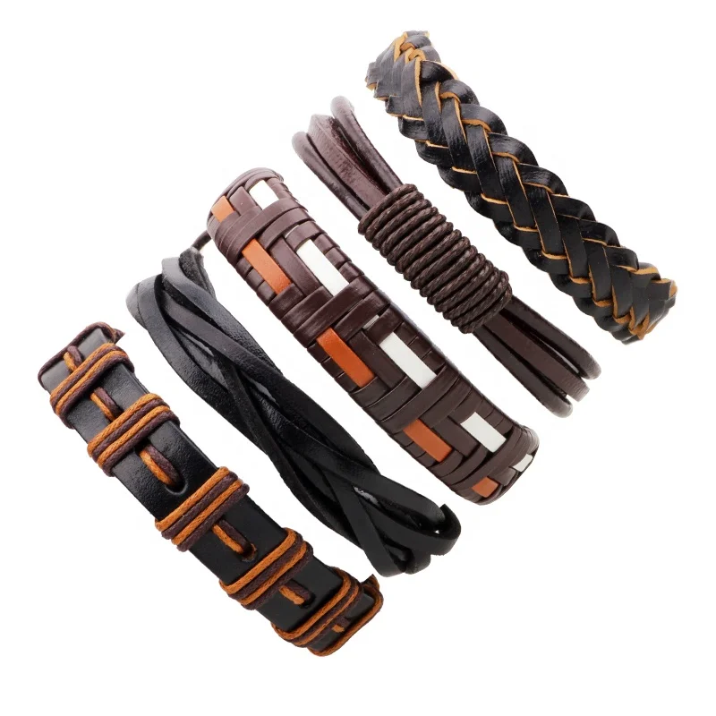 

Mens Pulseira Masculina Multilayer Leather Wrap Bracelet Leather Braided 5 PCS Bangles & Bracelets Set, Brown