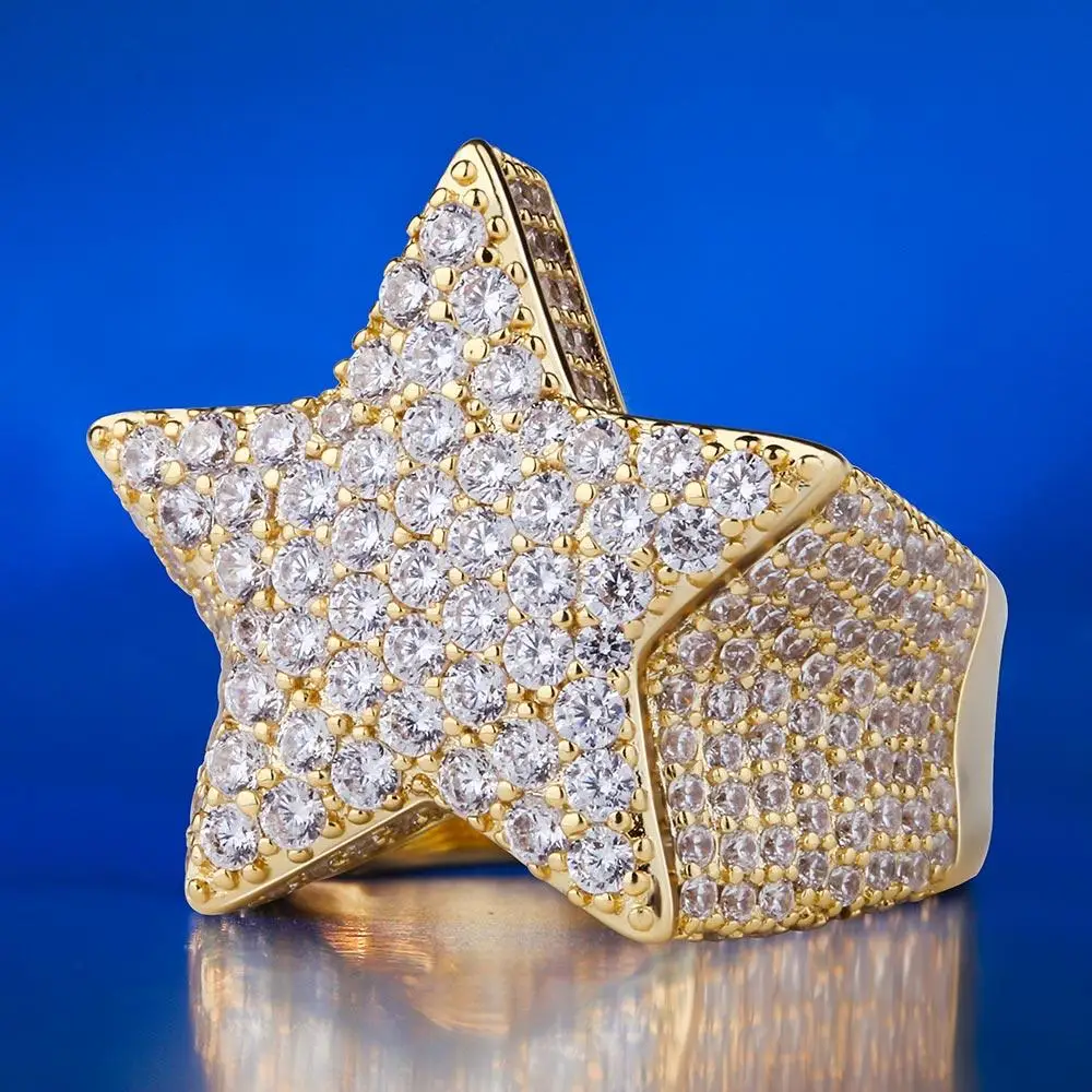 

KRKC&CO Hip Hop Jewelry for Mens Finger Ring Fashion 14K Gold Plated Five-Pointed Star Ring Iced Out Ring, N/a